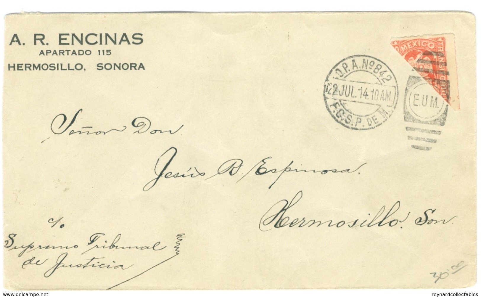 1914 Mexico Cover Bisect Transitorio Stamp E.U.M. Duplex, Hermosillo, Sonora - Mexico