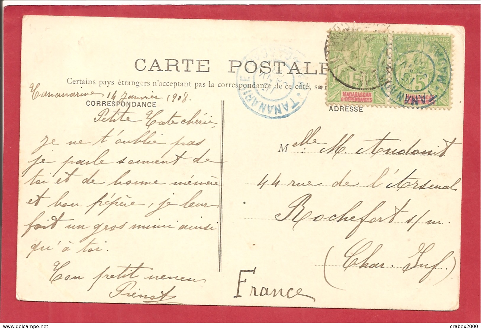 Y&T N°31X2 TANANARIVE     Vers  FRANCE  1908  2 SCANS - Covers & Documents