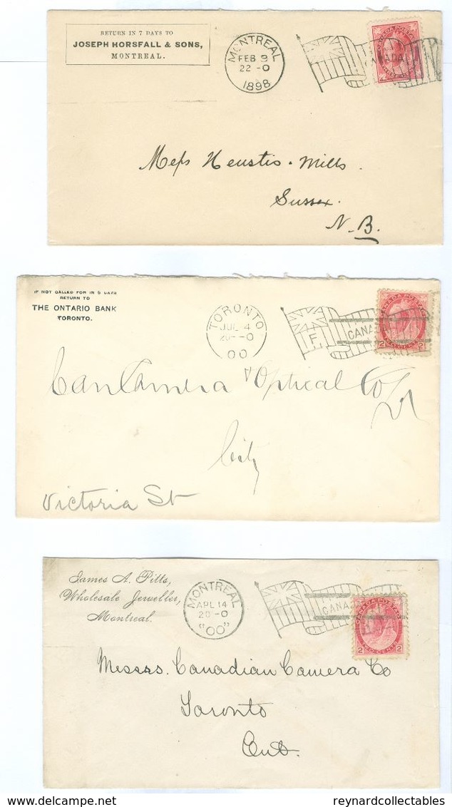 Canada Flag Postmark Lot (9 Items) 1898-1900. Toronto/Montreal/Hamilton With Letter Codes - Postal History