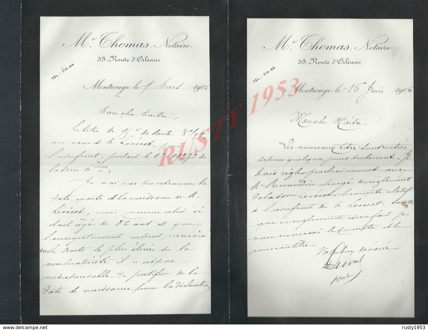 LETTRES DE M THOMAS NOTAIRE À MONTROUGE 1906 : - Manuscrits