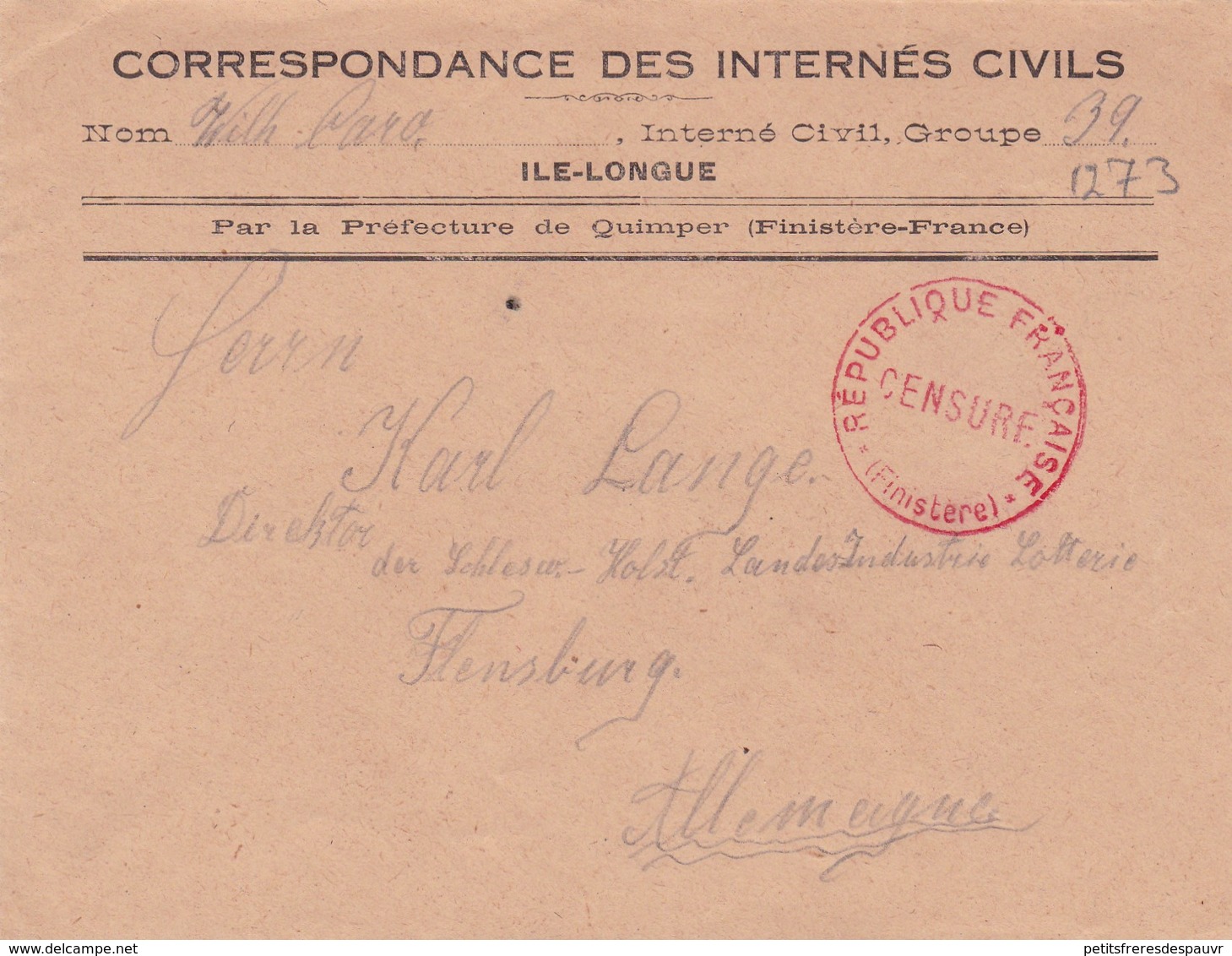 FRANCE - Lettre De Correspondance Internés Civils De La Guerre 1914/18 à ILE-LONGUE (Finistère) Pour L'Allemagne - Guerra De 1914-18