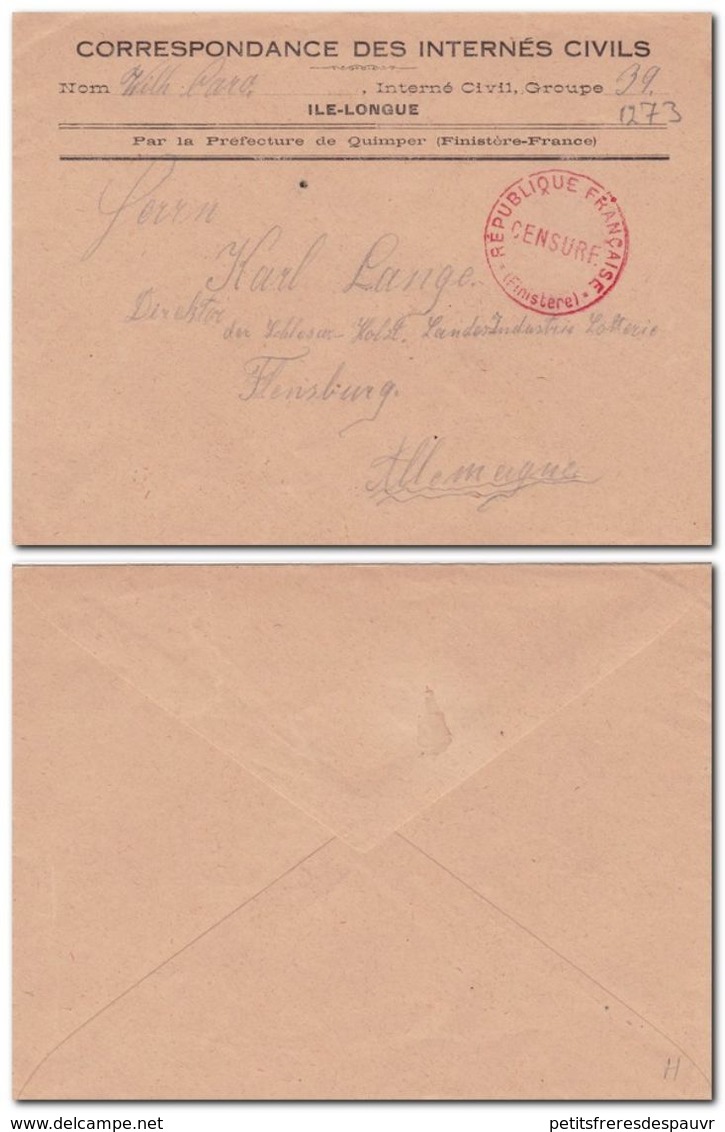 FRANCE - Lettre De Correspondance Internés Civils De La Guerre 1914/18 à ILE-LONGUE (Finistère) Pour L'Allemagne - Guerra De 1914-18