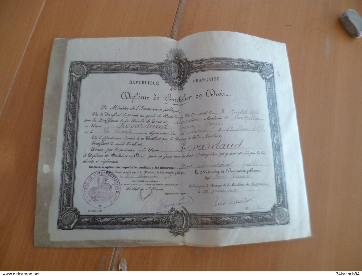 Diplôme Velin Bachelier  En Droit Montpellier 1917 Revardaud 30 X 23.5 Cm Environs - Diploma's En Schoolrapporten