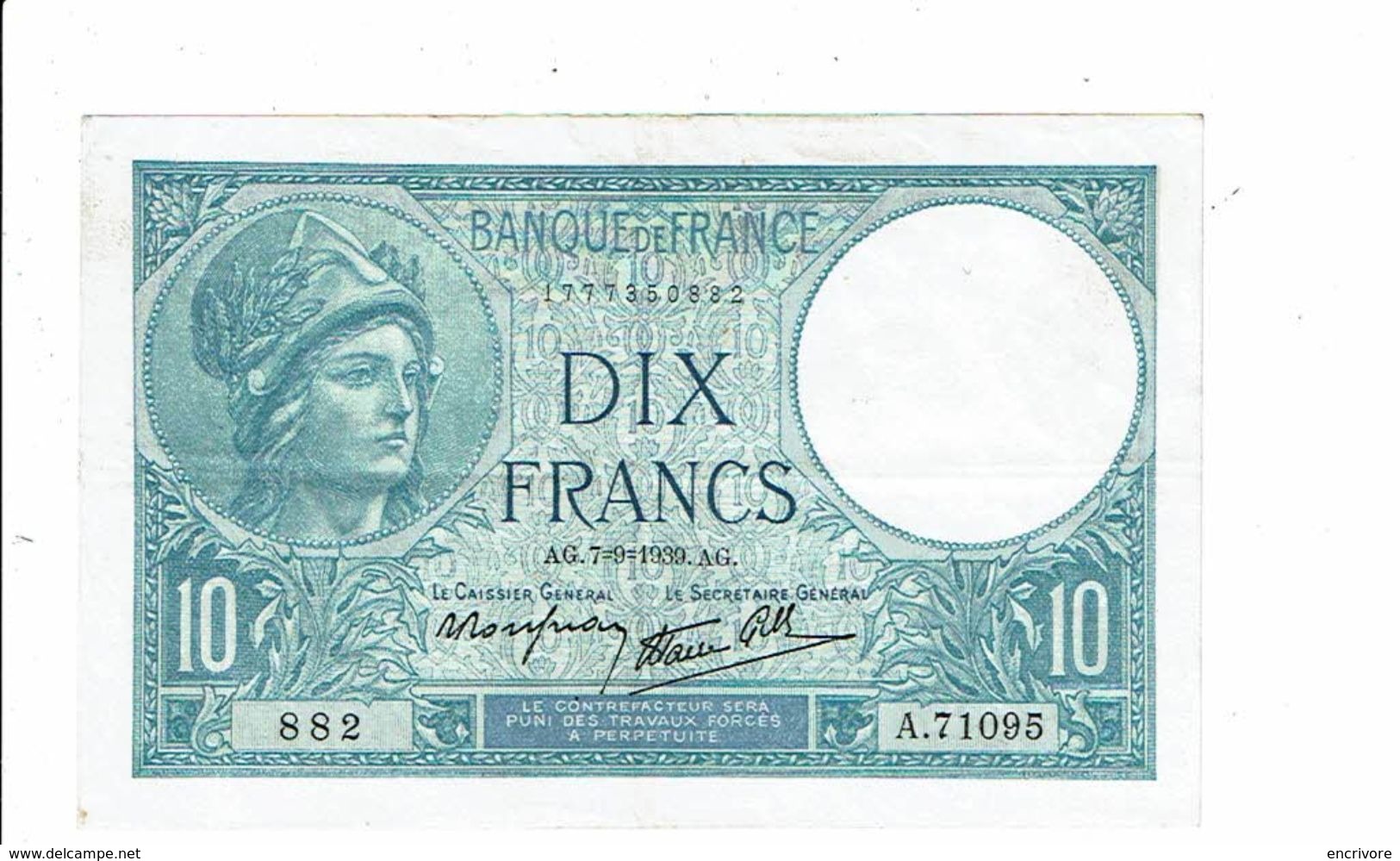 Banque De France Billet Dix 10 Francs Type Minerve 1939 - 882 A 71095 Femme Fenaison - 10 F 1916-1942 ''Minerve''