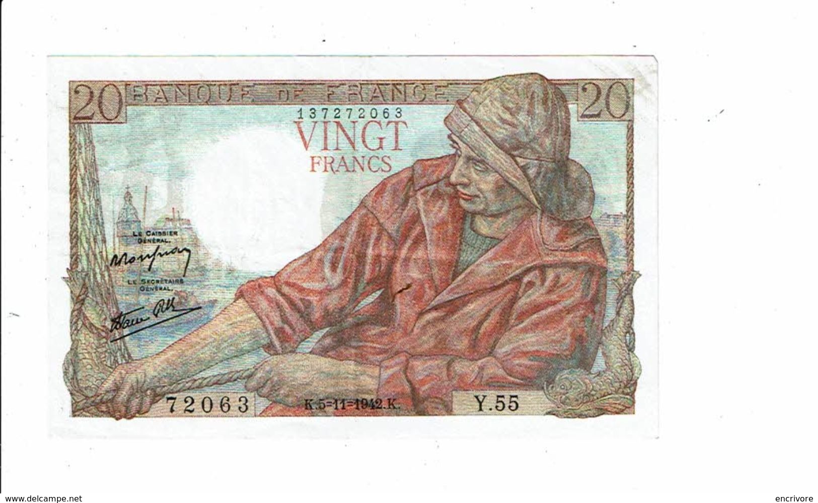 Banque De France Billet Vingt 20 Francs Type Pecheur 1942 - 72063 Y 55  Bretonnes Calvaire - 20 F 1942-1950 ''Pêcheur''