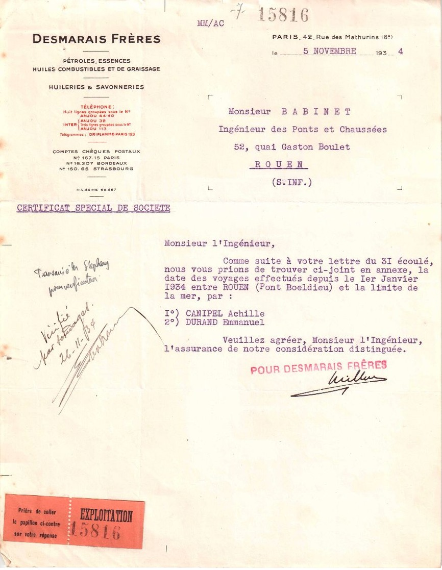 Document Du 05/11/1934 DESMARAIS Frères - Pétroles Essences Huiles - Rue Des Mathurins Paris 75 - 1900 – 1949