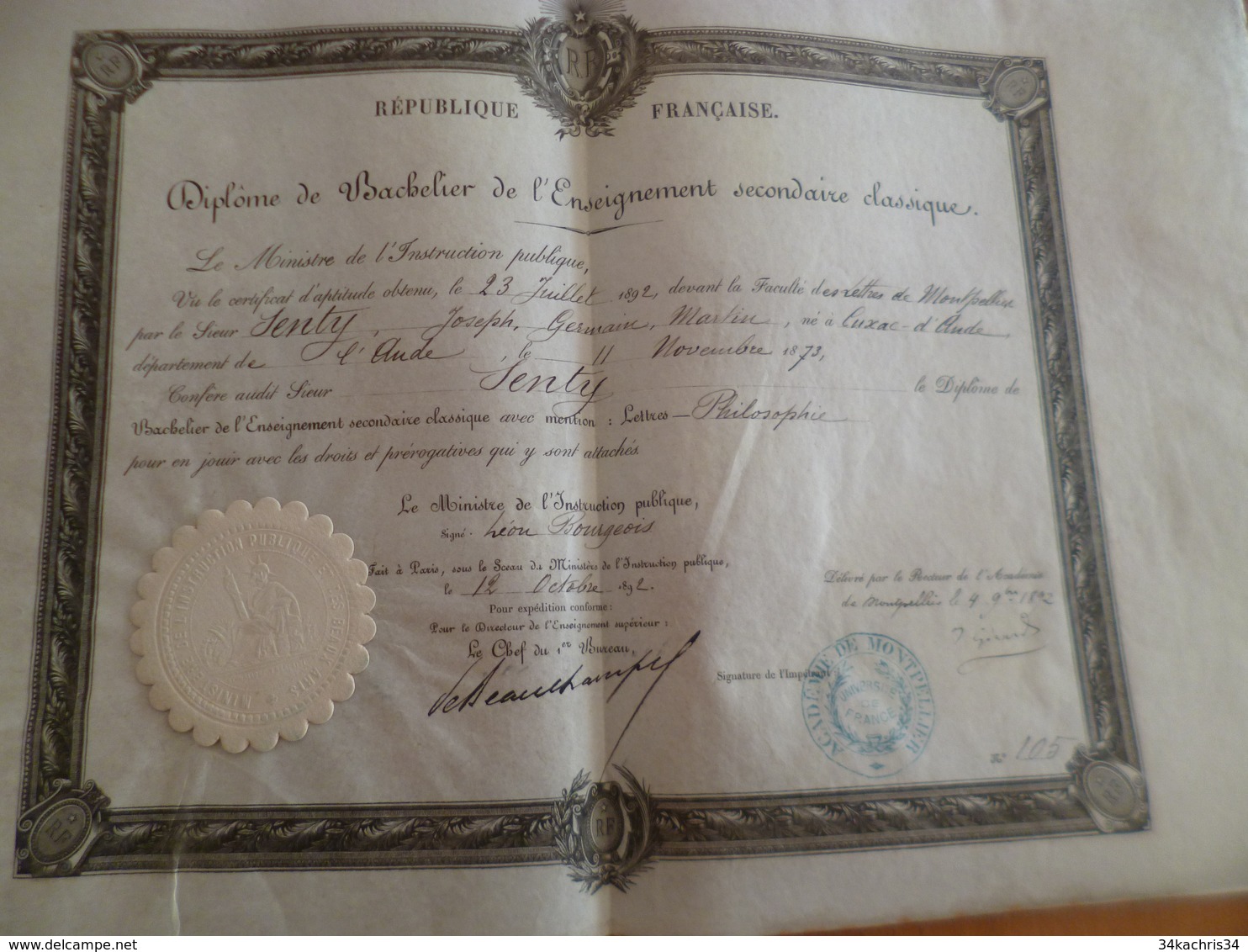 Diplôme Velin Bachelier Enseignement Secondaire Sceau Autographes Montpellier 1892 Senty 44 X 27.5 Environs - Diploma's En Schoolrapporten