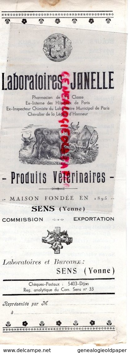 89- SENS-  RARE CATALOGUE TARIFS 1929 LABORATOIRES JANELLE- PHARMACIEN HOPITAUX PARIS-PRODUITS VETERINAIRES-VETERINAIRE - Documents Historiques