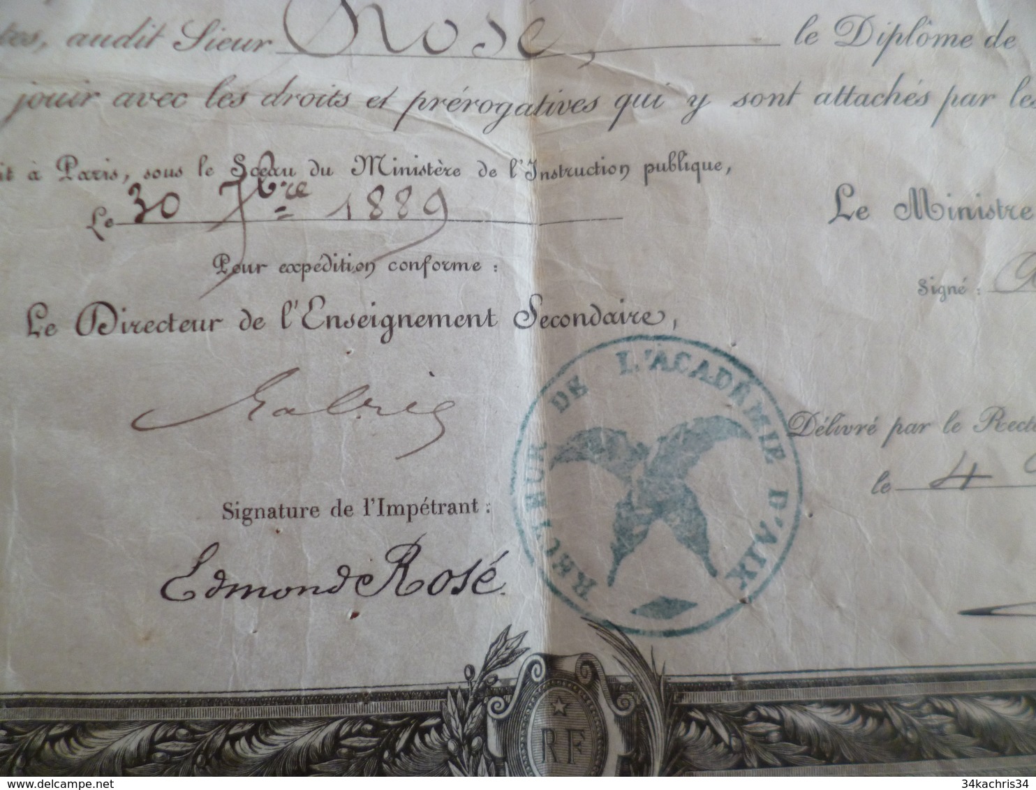 Diplôme Velin Bachelier Enseignement Secondaire Spécial Sceau Autographes 1889 Aix 44 X 27.5 Environs - Diploma's En Schoolrapporten