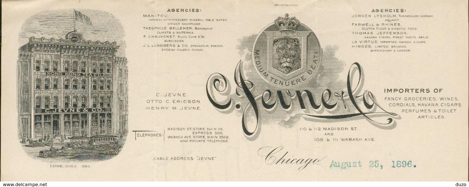 Etats Unis - Entête De 1896 - Chicago : ILLINOIS. .Jevne & Co.Importers Of Fancy Groceries.Wines,Cordials,Havana Cigars. - Verenigde Staten