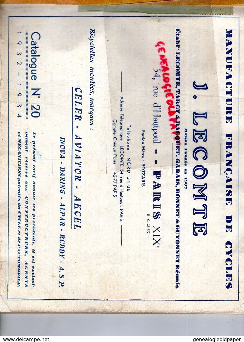 75- PARIS-RARE CATALOGUE J. LECOMTE-TARCY-BACQUET-GADAIS-MANUFACTURE VELO -1932-TORPEDO-AVIATOR-VELOMOTEUR-MOTO-CELER- - Transports