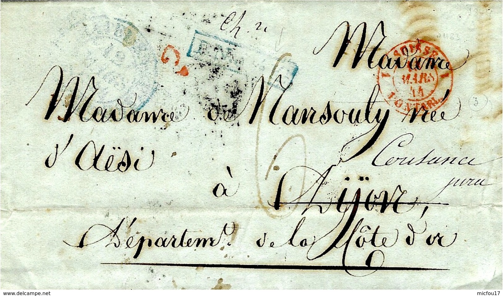 1844- Lettre De Neuchâtel  Pour Dijon  Entrée Suisse 1 Pontarl. 1 Rouge - 1843-1852 Timbres Cantonaux Et  Fédéraux