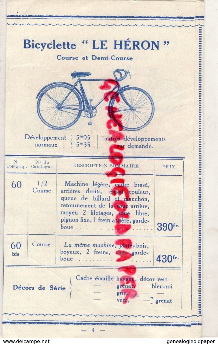 42-ST  SAINT ETIENNE- RARE DEPLIANT BICYCLETTES LE HERON- STE MANUFACTURIERE ARMES ET CYCLES- 25 RUE FONTAINEBLEAU-1928 - Transport