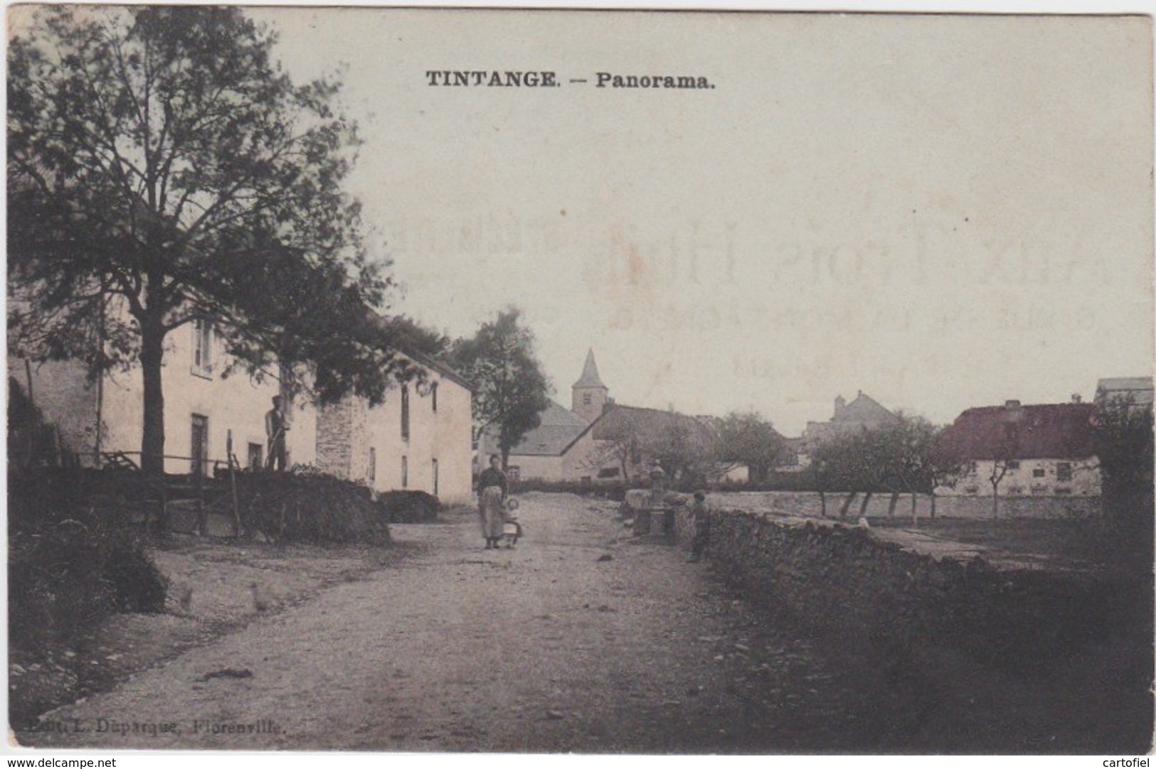 TINTANGE-PANORAMA-CARTE COLOREE-PUBLICITE-AUX TROIS HUIT-CHARLEROI-IMP SANDER-MARCINELLE-RARE-VOYEZ 2 SCANS ! ! ! - Fauvillers