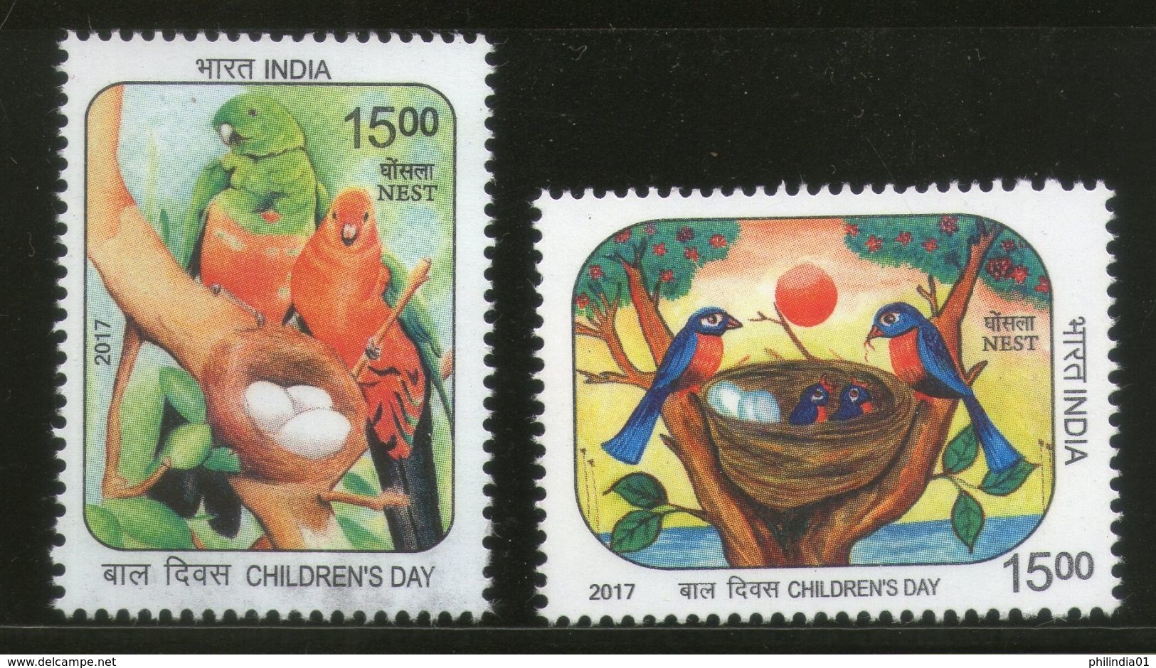 India 2017 Children's Day Paintings Nest Egg Birds Parrot Wildlife 2v MNH - Parrots