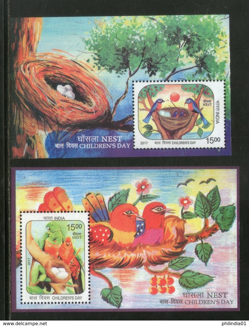 India 2017 Children's Day Paintings Nest Egg Birds Parrot Wildlife 2 M/s Set MNH - Papageien