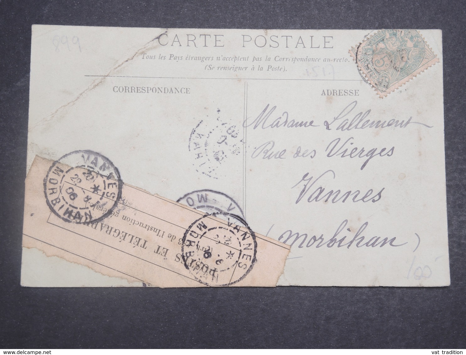 FRANCE - Carte Postale Réparé Par La Poste De Vannes En 1909 - L 14834 - Lettere Accidentate