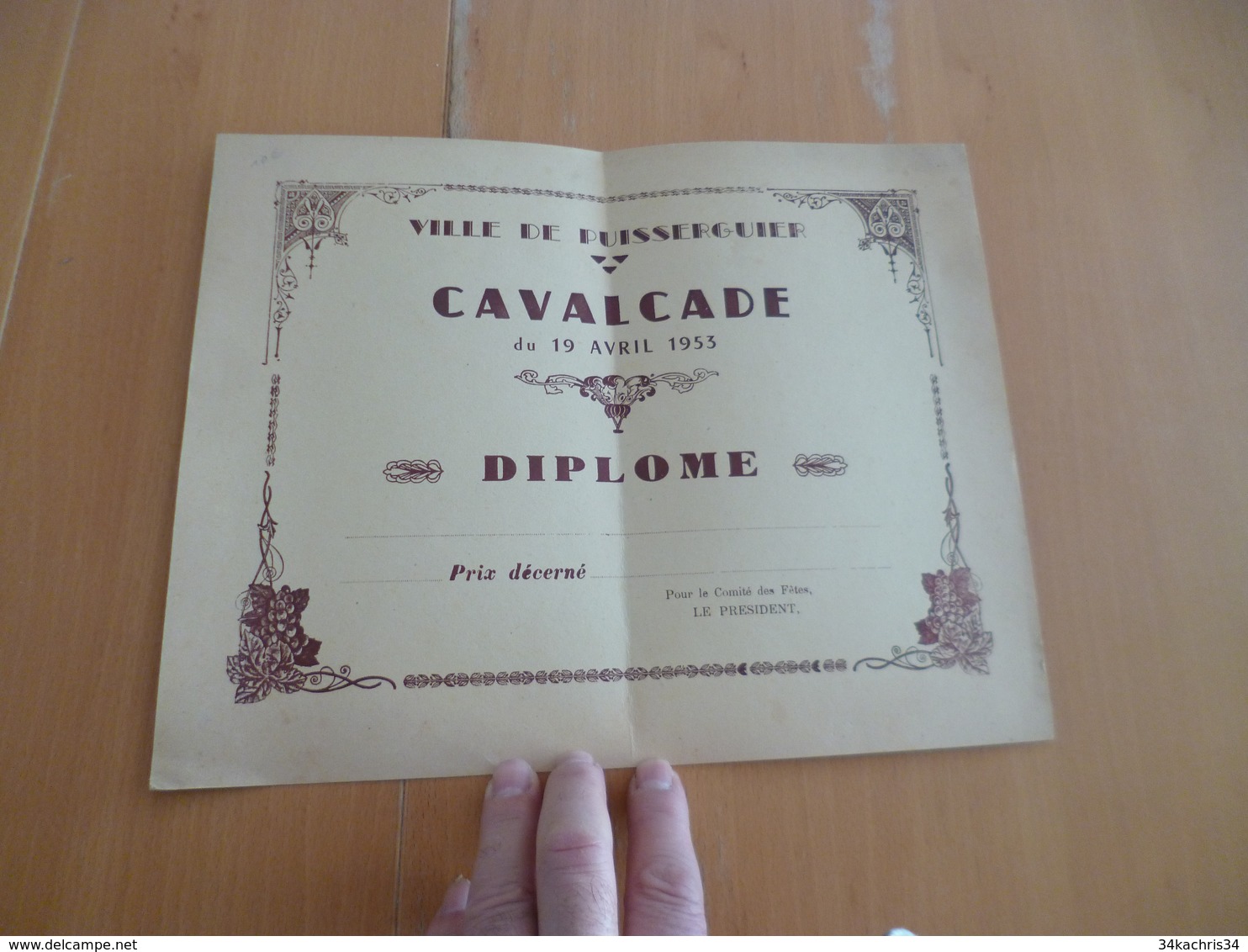 Diplôme Vierge Puisseguier Hérault Cavalcade Du 19/04/1953 - Diploma's En Schoolrapporten