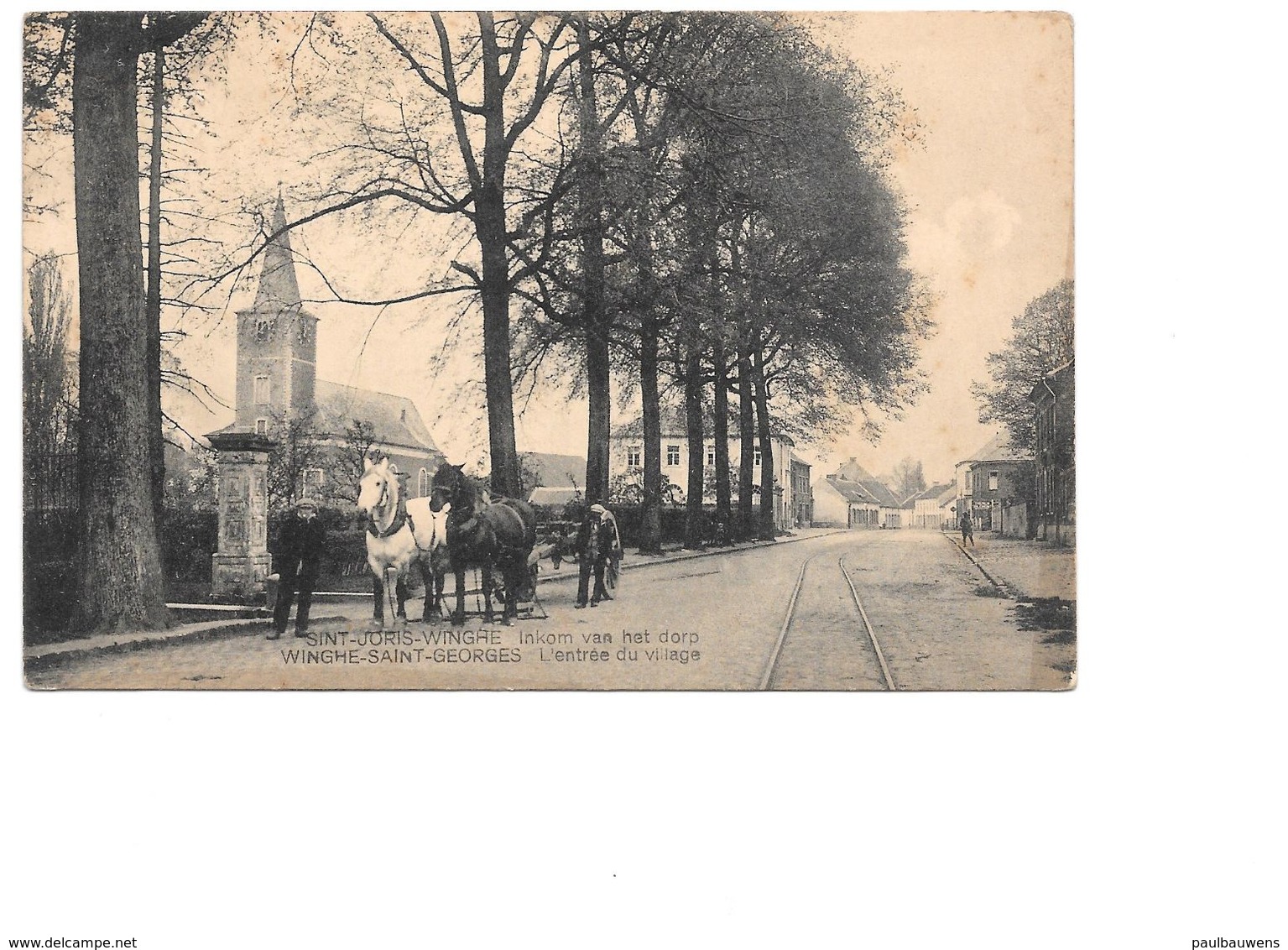 Sint-Joris-Winge, Inkom Van Het Dorp, Kar Met Twee Paarden, Tramsporen, Postzegel 1926, Door Kasteelbewoonster Verstuurd - Tielt-Winge