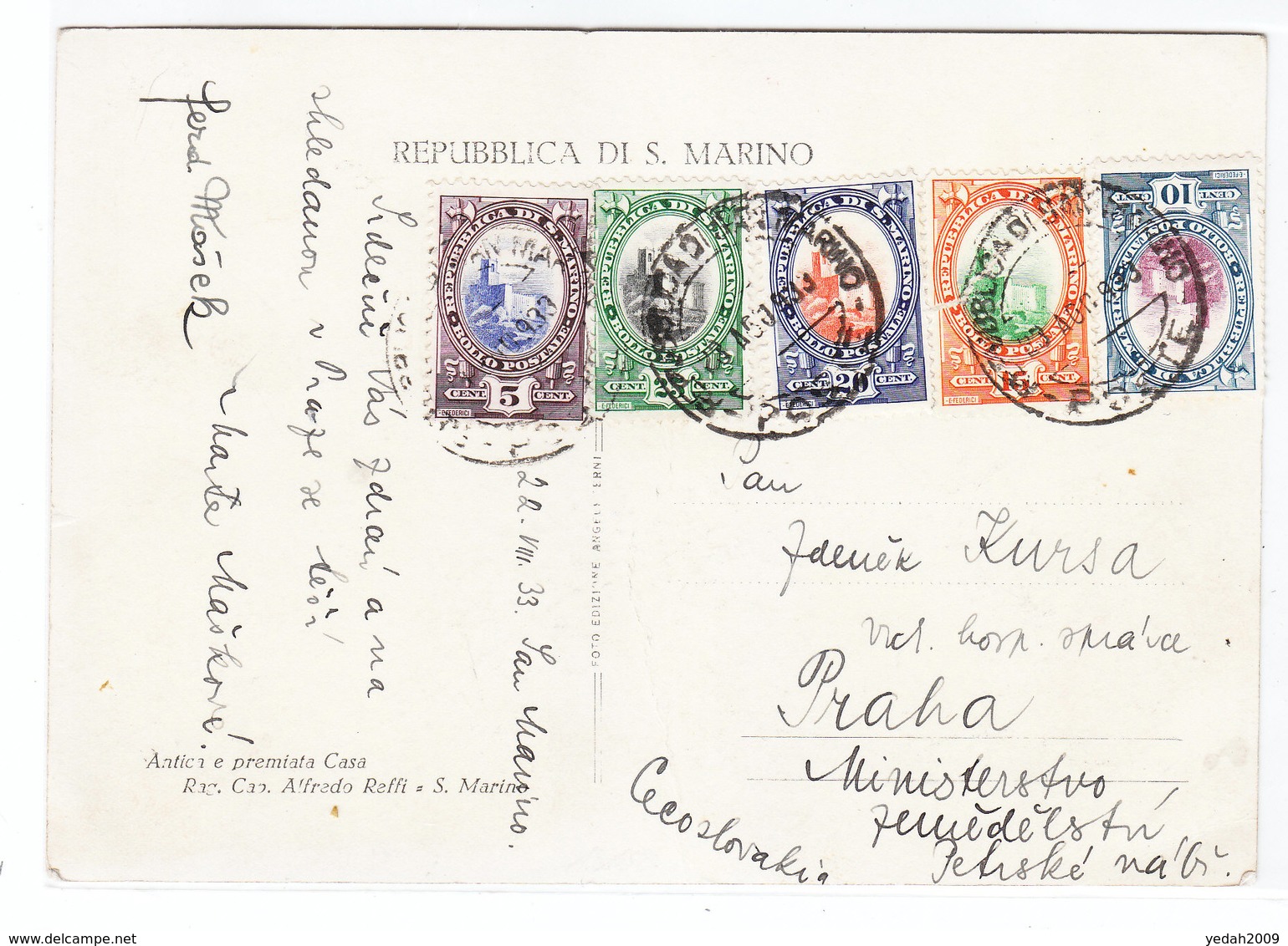 San Marino/Czechoslovakia POSTCARD 1933 - Lettres & Documents