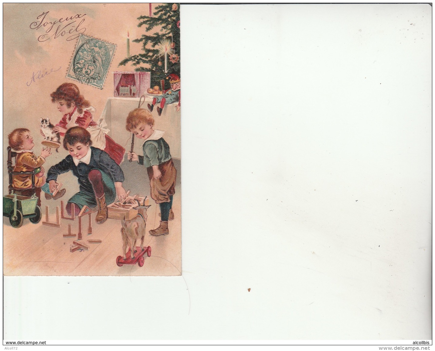 Joyeux Noel-Carte En Relief-Enfants-Jouets En Bois-Chat-Guignol-Chèvre Sur Roulettes. - Spielzeug & Spiele