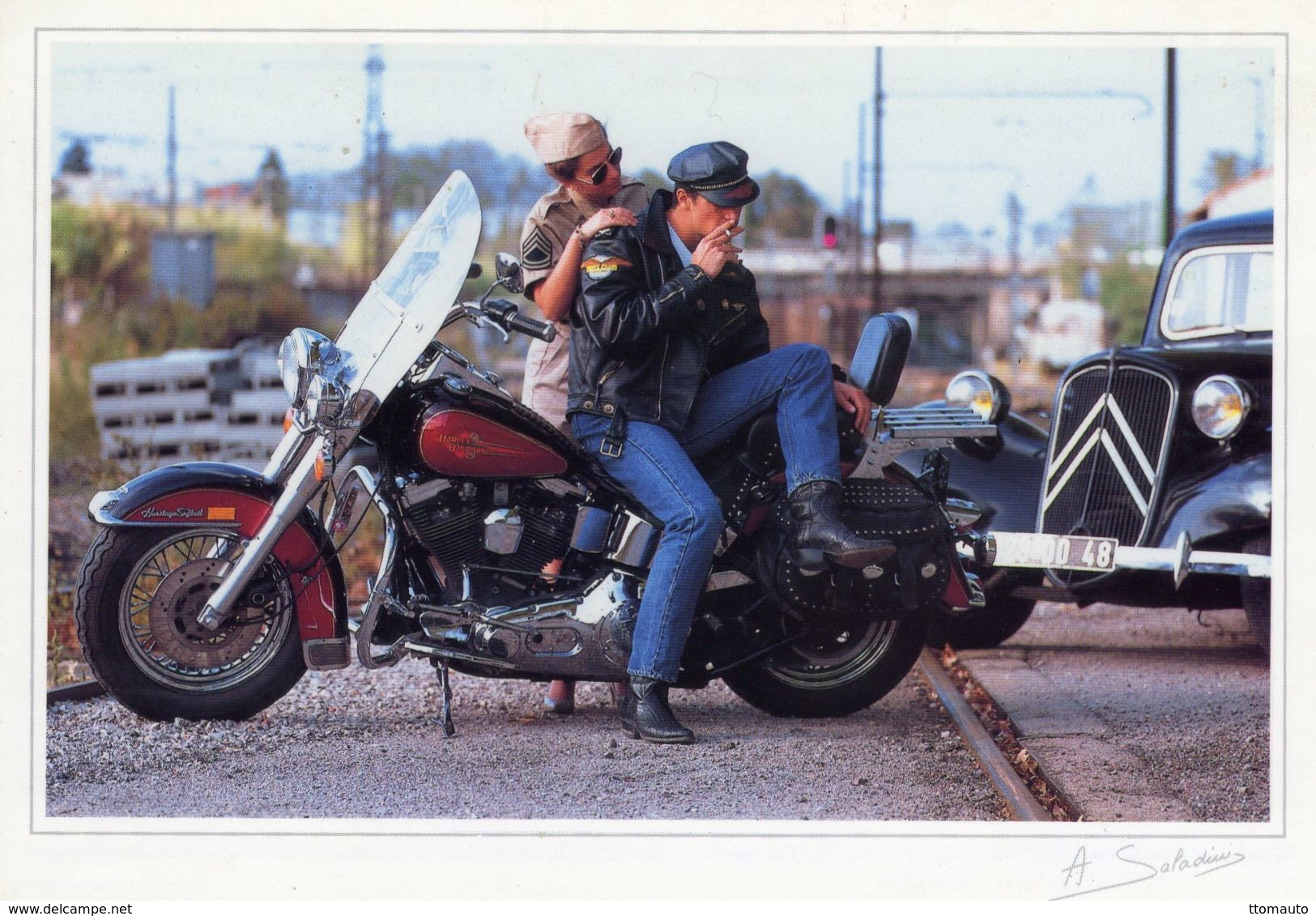 Harley Davidson  -  Citroen Traction Avant   -  Saladini Photocarte  -  CPM - Voitures De Tourisme