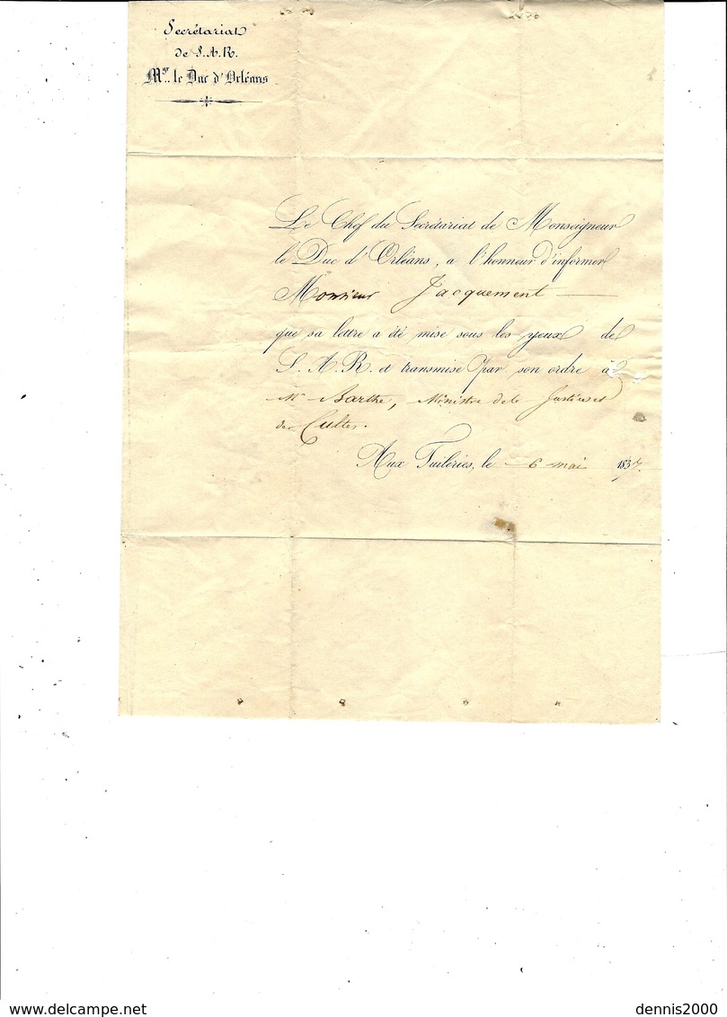 1837- Le Duc D'Orléans "  Manuscrit  + Franchise / Vérifiée  Sur Lettre à En-tête Du Secrétariat - 1801-1848: Précurseurs XIX
