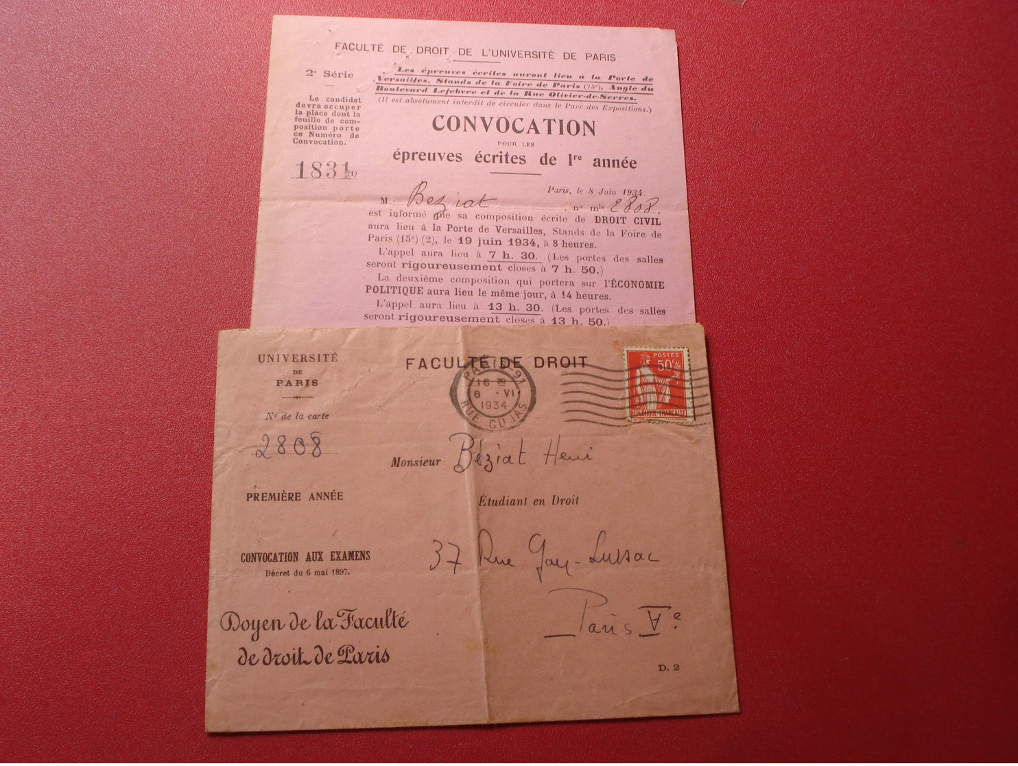 1934 FACULTE DE DROIT PARIS CONVOCATION - Diplômes & Bulletins Scolaires