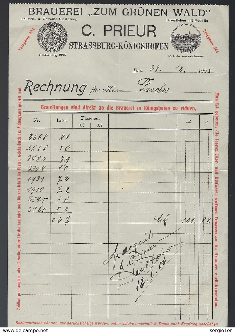 Facture Entête Bière Brasserie Du Bois Vert  Charles Prieur Koenigshoffen Strasbourg "signée Prieur" écriture Allemande - Invoices