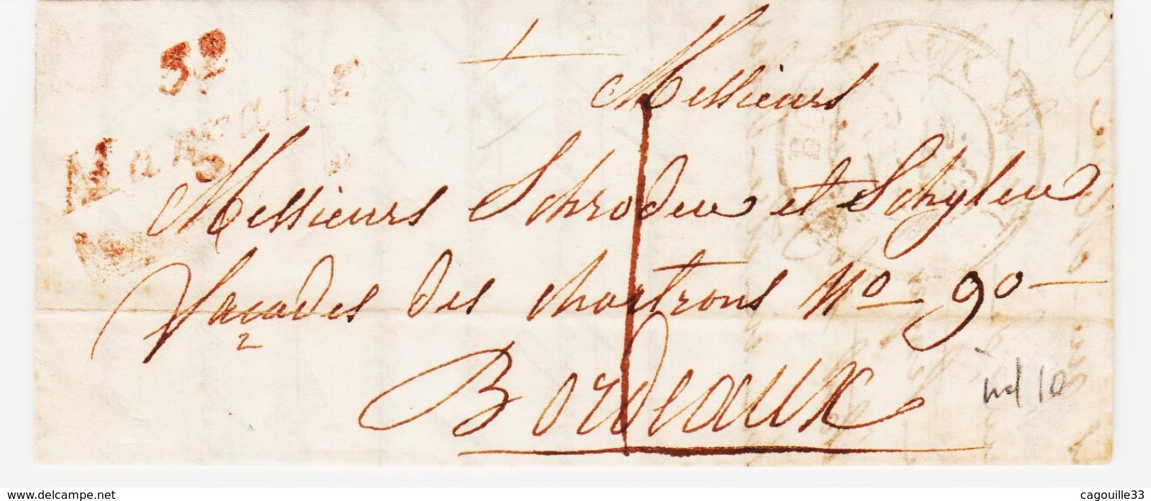 France, Cursive De  32 Margaux ( Gironde ) , Rouge , Taxe 1 , Ind 10  TB - 1801-1848: Précurseurs XIX