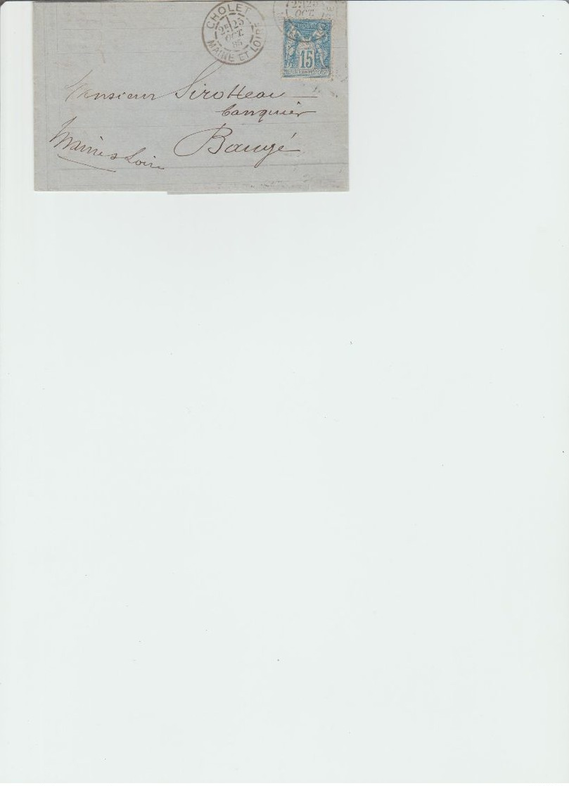 Lettre De Cholet Pour Baugé De 1885, Cachet Type 17, Au Verso Cachet De Baugé, Affr. Avec 15 C. Bleu Sage - 1877-1920: Période Semi Moderne