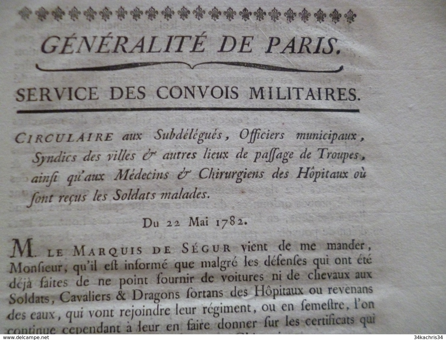 Généralité De Paris Service Des Convois Militaires 22/05/1782 Passage Troupes, Chirurgiens, ....2 Pages - Décrets & Lois