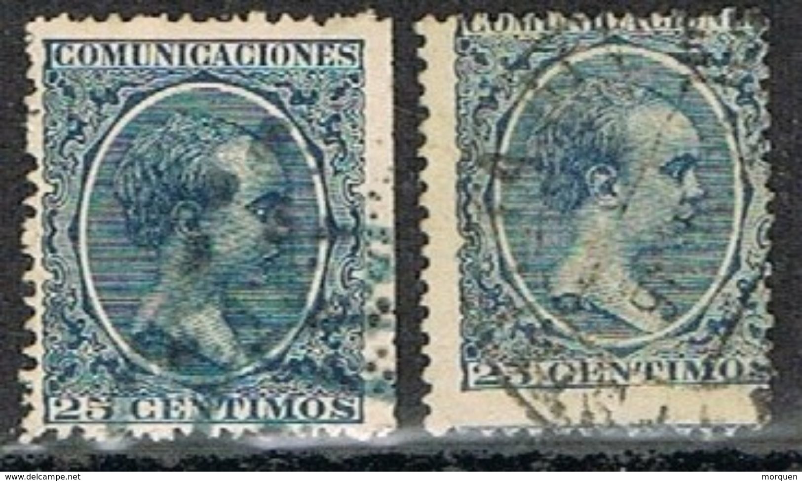 Dos Sellos 25 Cts Alfonso XIII Pelon, Variedad Color,  Edifil Num 221-a º - Usados