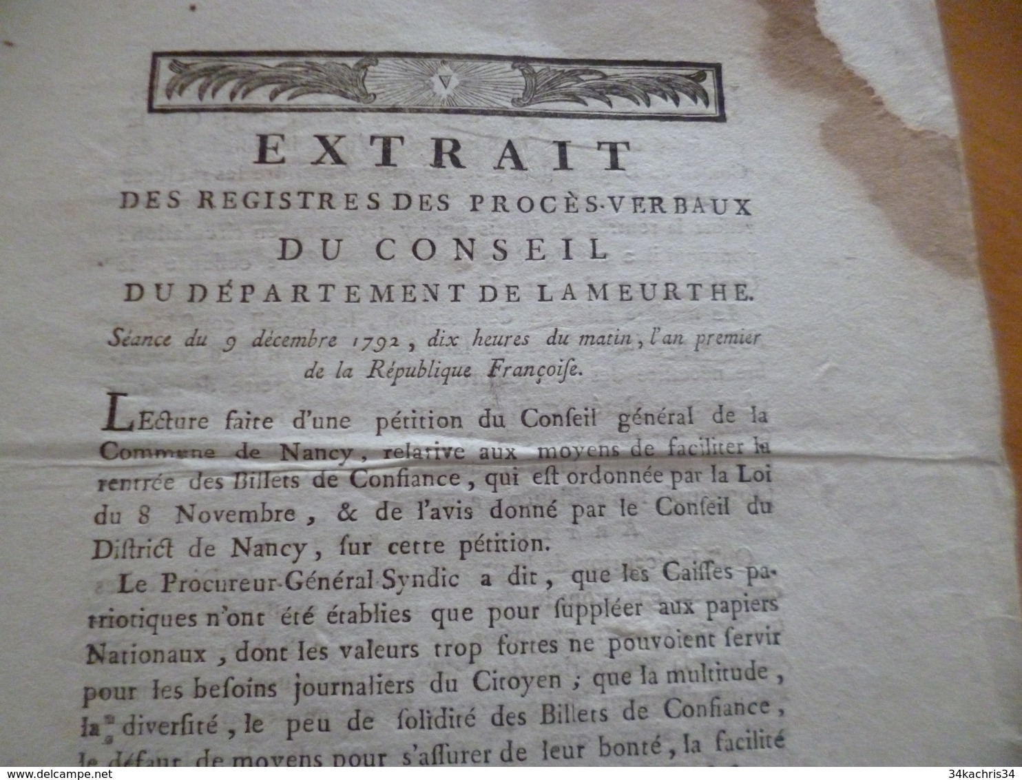 Extrait Procès Verbaux Département De La Meurthr 09/12/1792 Monnaies Billets De Confiance Manque En L'état - Gesetze & Erlasse