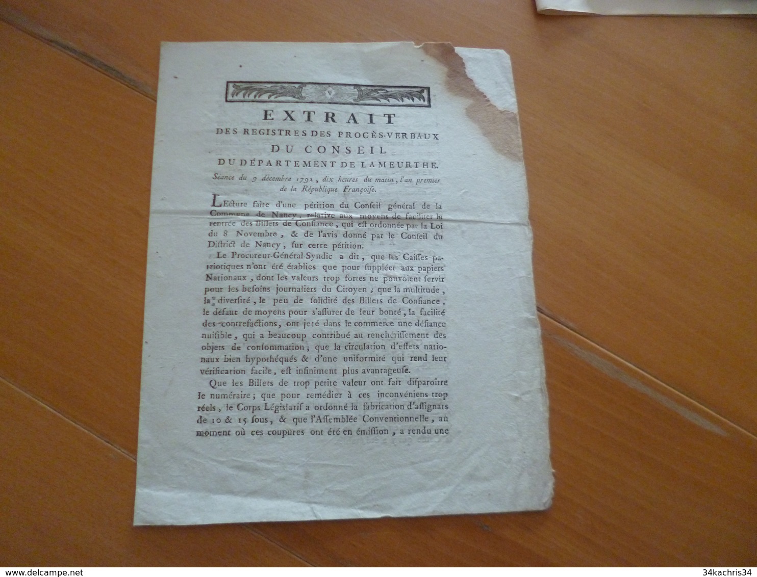 Extrait Procès Verbaux Département De La Meurthr 09/12/1792 Monnaies Billets De Confiance Manque En L'état - Gesetze & Erlasse