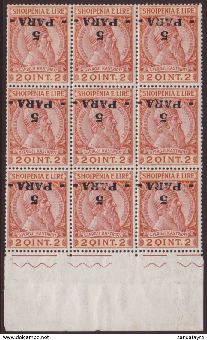 1914 (April) Skanderbeg 5pa On 2q Mi. 41, A Rare Lower Marginal Block Of Nine With INVERTED SURCHARGES, Very Fine Mint W - Albanië