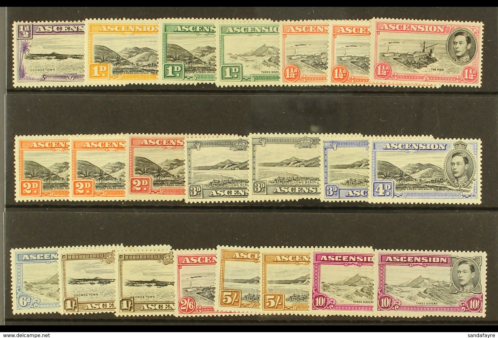 1938-53 KGVI Definitives Set Plus Additional Perfs Of 1½d Vermilion, 2d Red-orange, 3d Grey, 1s, 5s & 10s Values, SG 38/ - Ascension