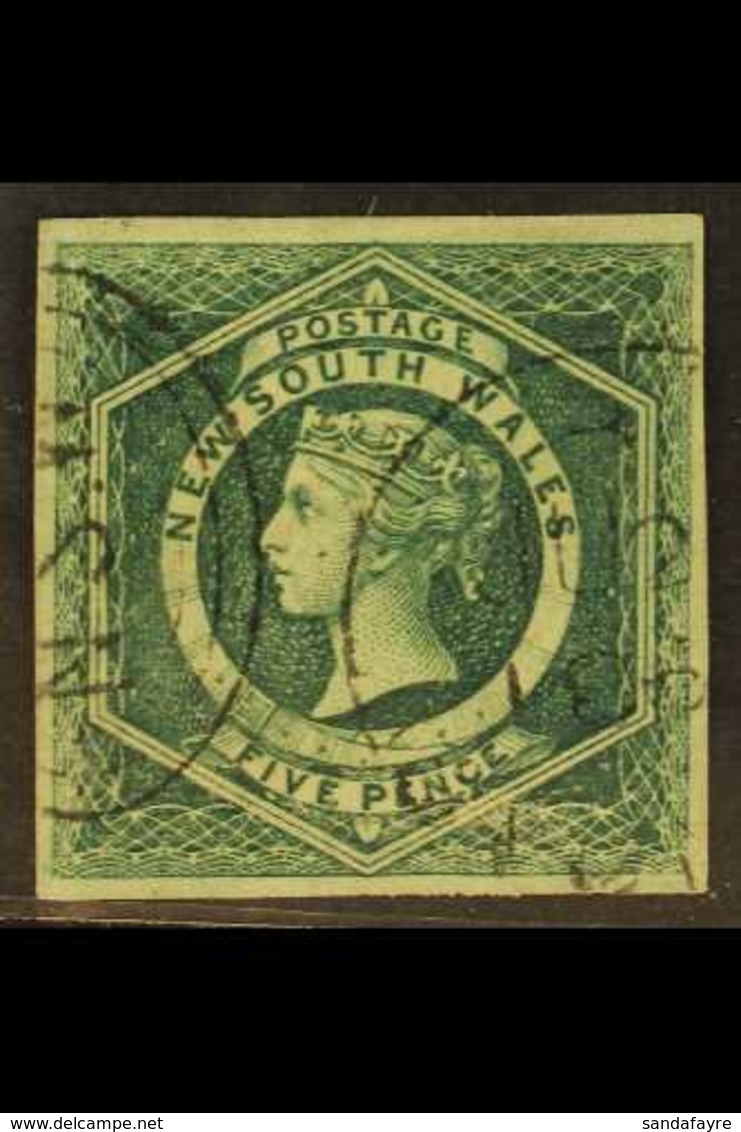 NEW SOUTH WALES 1854-59 5d Dull Green Diadem, SG 88, Very Fine With Four Good Margins And Neat Upright Part Duplex Cance - Sonstige & Ohne Zuordnung