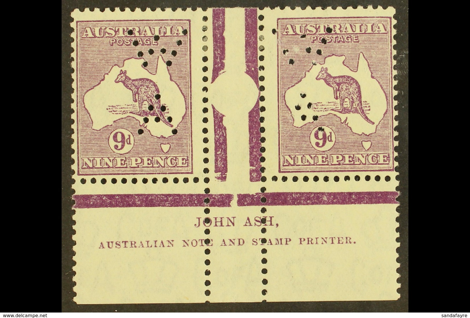 1932 9d Violet Roo (SG 133), ASH IMPRINT PAIR, Plate 4 - Second State (as BW 29zc), With "W / A" Perfin, Very Fine Mint. - Sonstige & Ohne Zuordnung