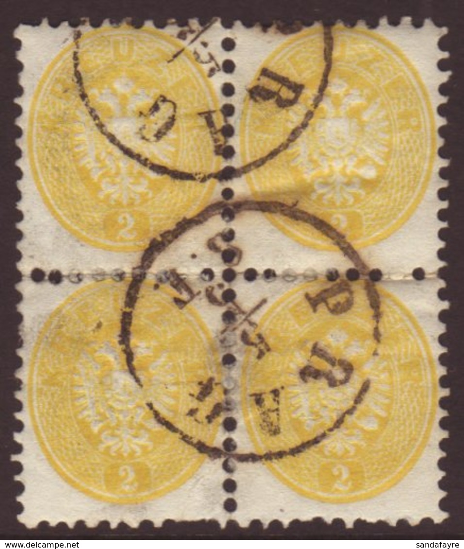 1863-64 2kr Yellow Perf 9½, Michel 30, SG 45, Finely Used BLOCK Of 4 Stamps With "Prag" Cds's, Minor Imperfections, Very - Sonstige & Ohne Zuordnung