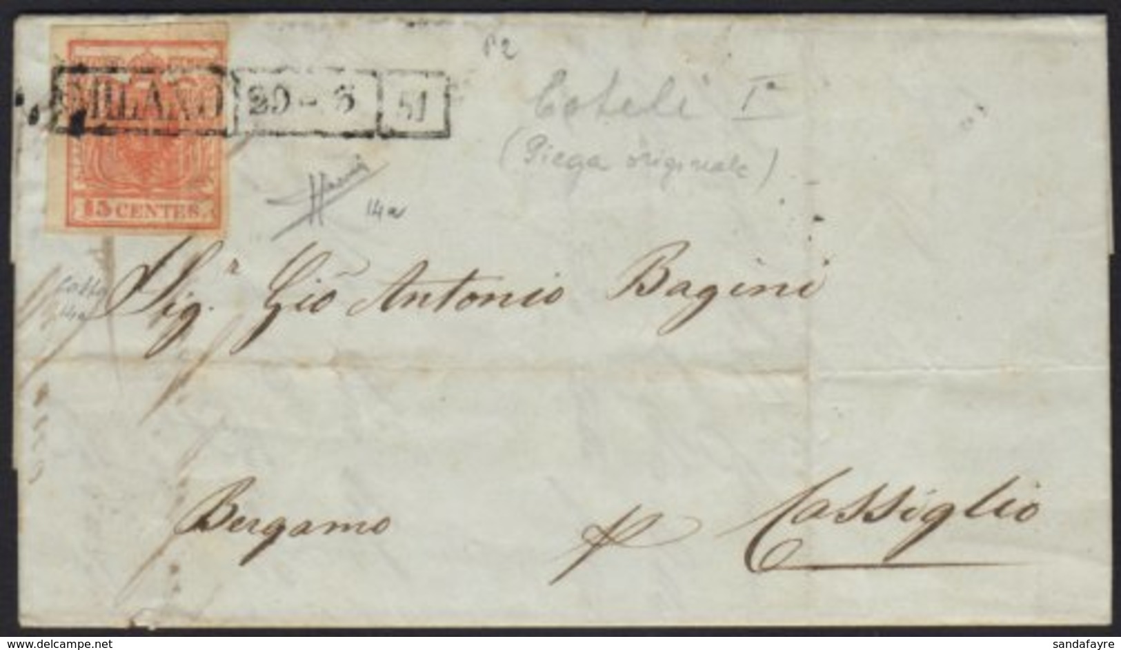 LOMBARDY-VENETIA 1851 Cover To Bergamo Franked 15c Type 1 On Ribbed Paper, Sass 14a, (Mi 3XR), Tied By Boxed Milan  20 - - Sonstige & Ohne Zuordnung