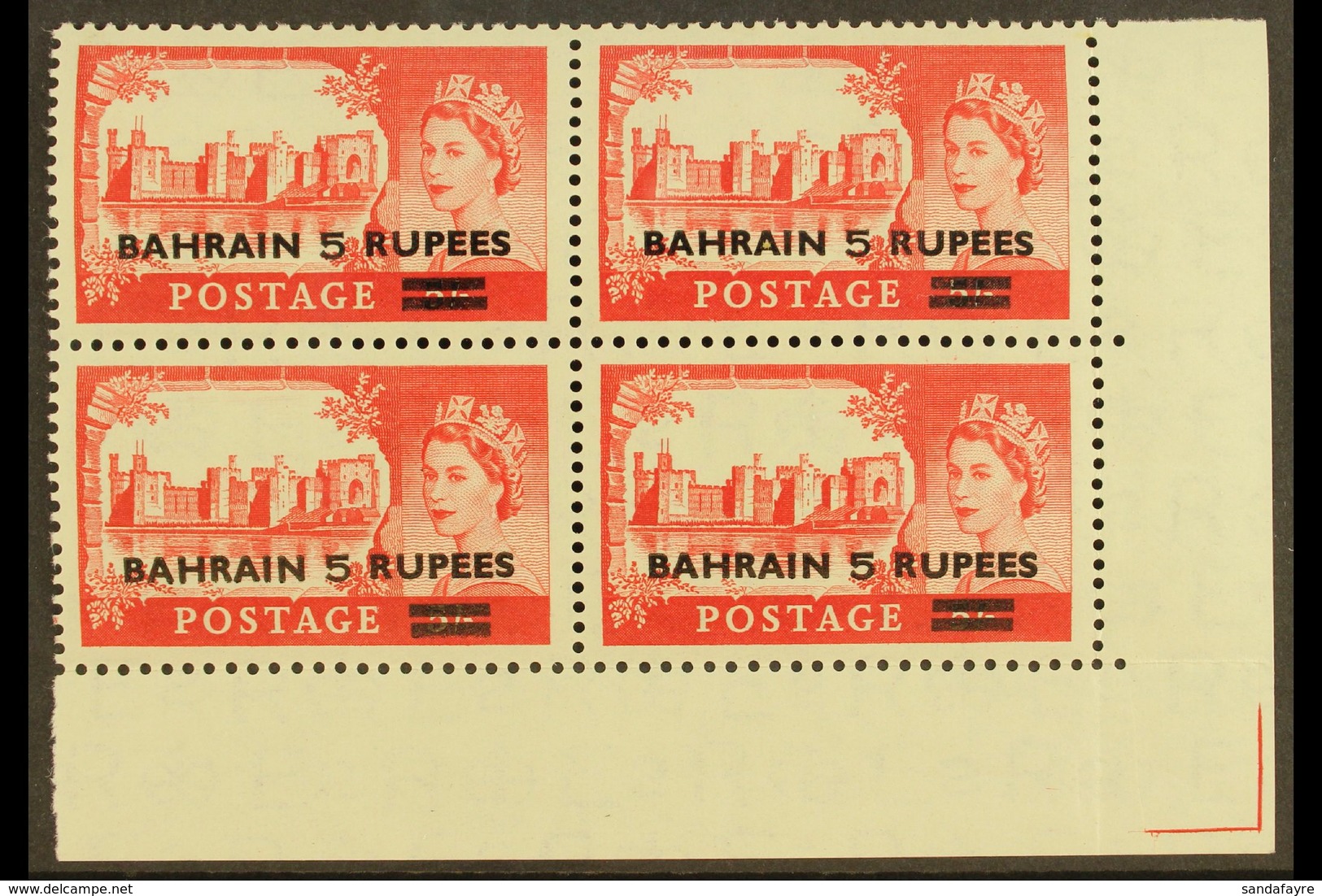 1955-60 5r On 5s Rose Red (Type I), SG 95, Never Hinged Mint Lower Right Corner Block Of 4. For More Images, Please Visi - Bahrein (...-1965)