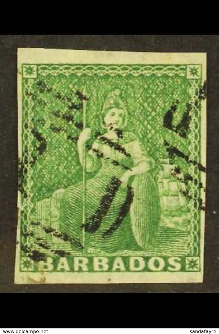 1855 (½d) Green On White Paper, SG 8, Superb Used Appearance But Tiny Scissor Nick At Left. Pretty Stamp. For More Image - Barbados (...-1966)