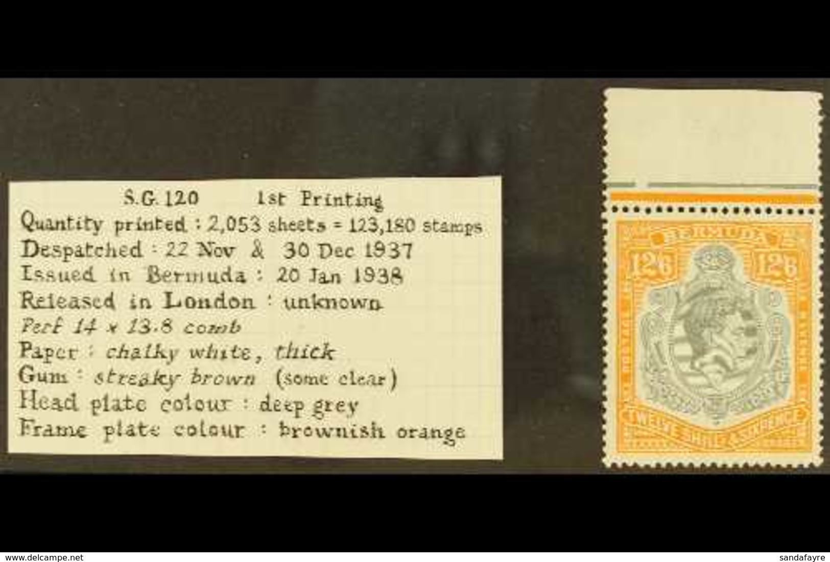 1938-52 12s6d Deep Grey & Brownish Orange, SG 120, Never Hinged Mint (FIRST PRINTING) Marginal Example With Usual Streak - Bermuda