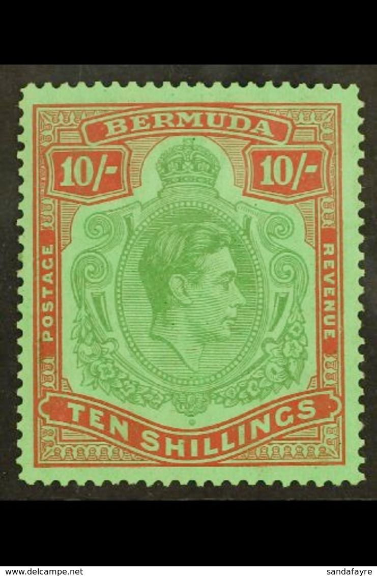 1938-53 10s Yellow Green & Deep Carmine On Green LINE PERF 14¼, SG 119b, Never Hinged Mint With Usual Streaky Gum, Very  - Bermuda