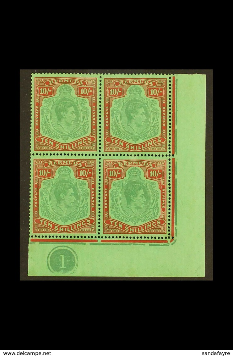 1939 10s Bluish Green And Deep Red / Green Perf 14 (SG 119a) Lower- Right Corner Plate Block Of Four, Hinged On One Stam - Bermuda