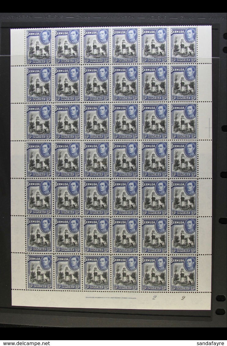 1941 COMPLETE SHEET 3d Black & Deep Blue, SG 114a, Plate 2 Complete Sheet With Selvedge To All Sides, 6 X10, Never Hinge - Bermuda