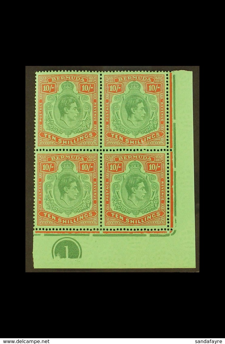 1946 10s Deep Green And Dull Red / Green (emerald Back) Perf 14 (SG 119d) Lower- Right Corner Plate Number Block Of Four - Bermuda