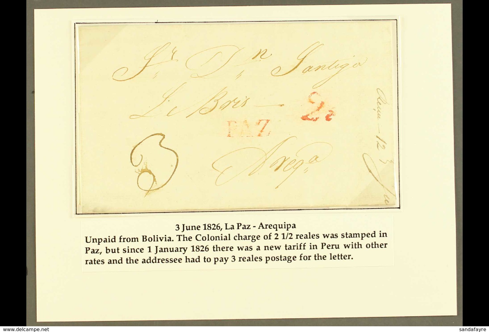 1826 (JUN) ENTIRE LETTER TO PERU 1826 (3 Jun) EL From La Paz To Arequipa Showing Colonial Single Rate Postage Of 2½r In  - Bolivia