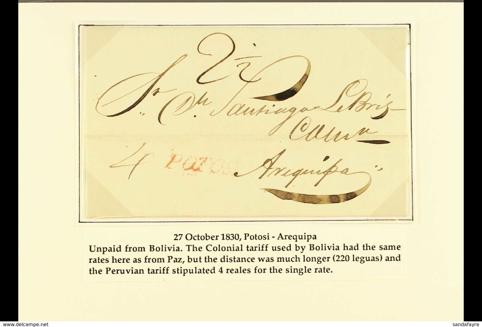 1830 ENTIRE LETTER TO PERU 1830 (27 Oct) EL From Potosi To Arequipa Showing A Colonial Longer Distance Postage Rate Of 4 - Bolivia